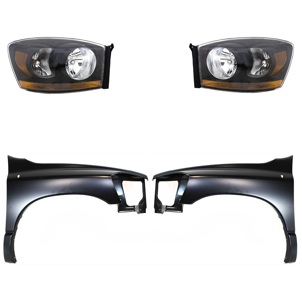 2006-2009 Dodge Ram 1500, Ram 2500 & Ram 3500 Headlights - Halogen, Left & Right, Black (55372814ABPFM)