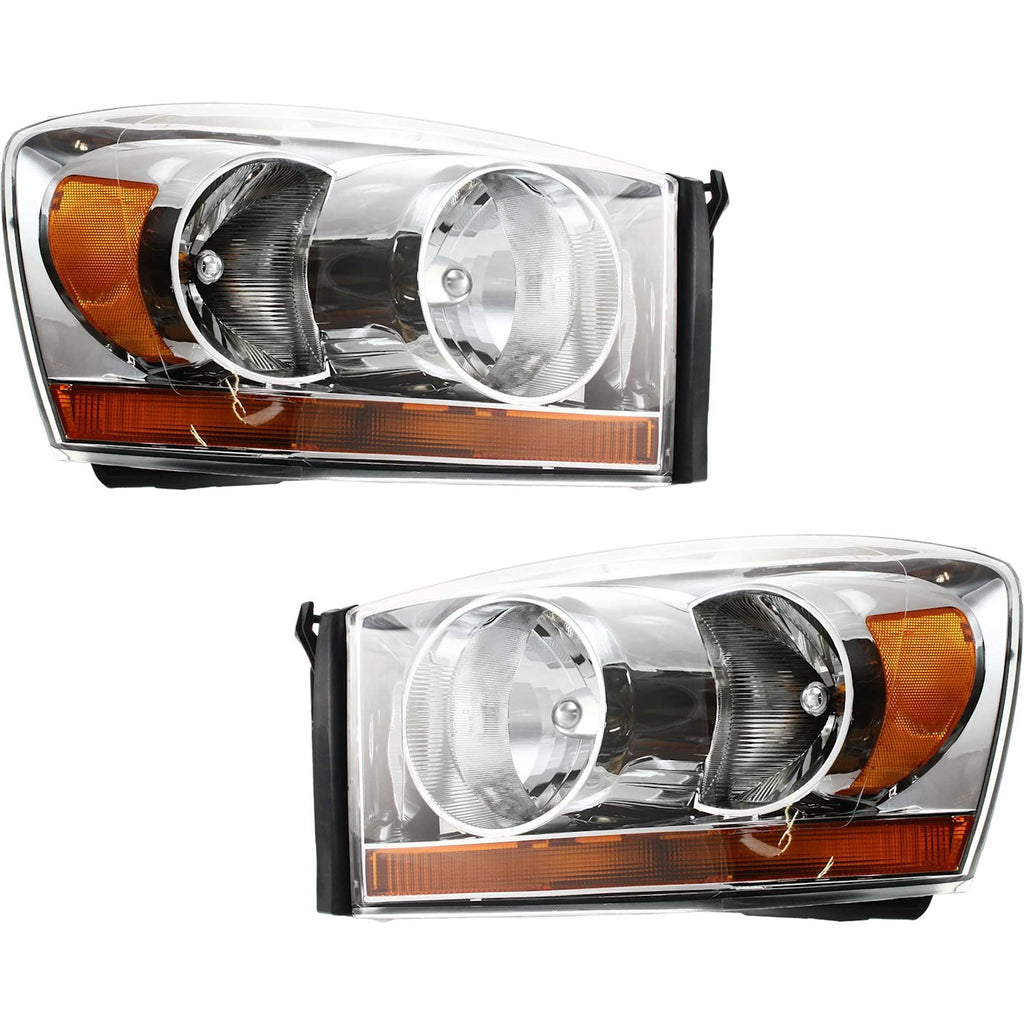 2006-2009 Dodge Ram 1500 & Ram 2500 & Ram 3500 Headlight - Left & Right, w/ Bulbs, Chrome