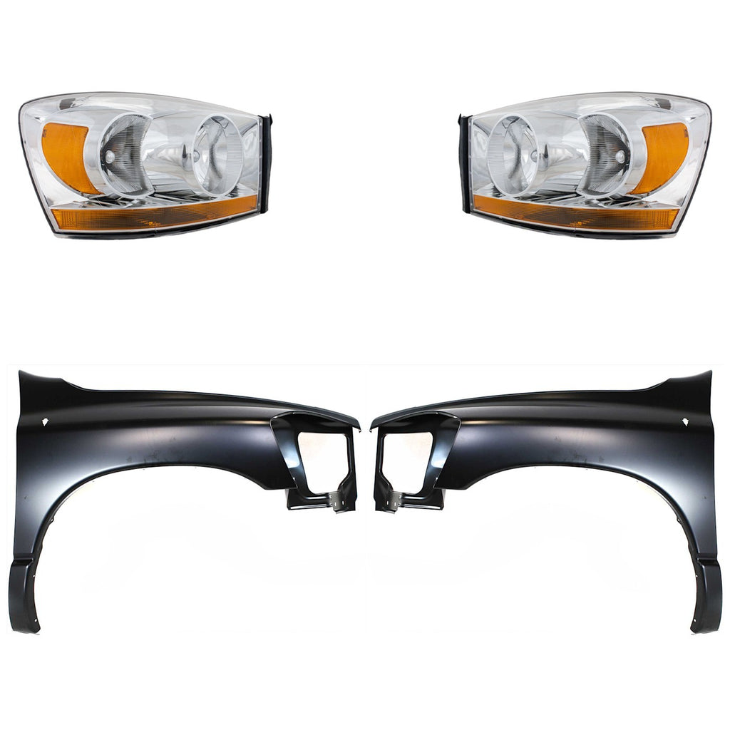 2006-2009 Dodge Ram 1500, Ram 2500 & Ram 3500 Headlights - Halogen, Left & Right, Chrome (55077794ADPFM)