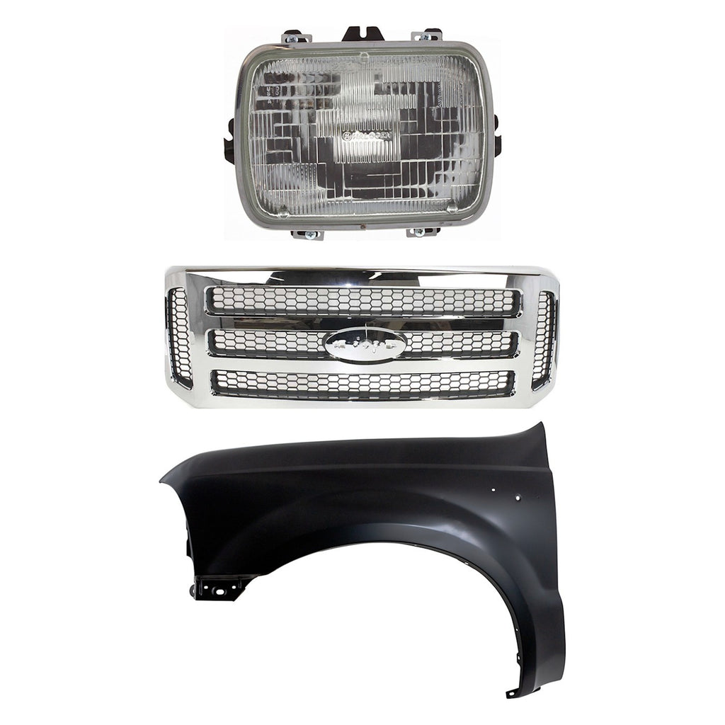 2005-2007 Ford F-250 Super Duty & F-350 Super Duty Grille - Halogen, Driver Side, Chrome (6C3Z8200BC)