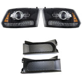 Headlight Kit For 2013-2018 Ram 1500 LH RH Halogen Black Assy with Bumper Trims