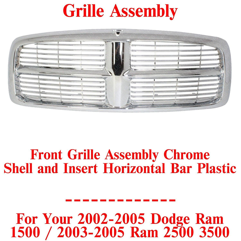 Grille Assembly Chrome Shell &Insert For 2002 - 05 Dodge Ram 1500 /03 - 05 2500 3500 - US AUTO PARTS PLUS